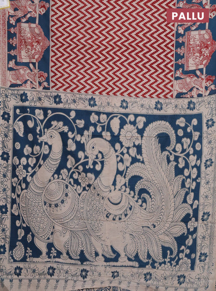 Kalamkari cotton saree beige red and peacock blue with zig zag prints and printed border