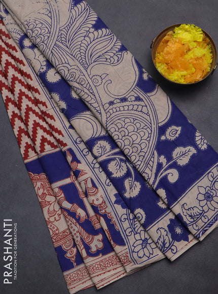 Kalamkari cotton saree beige red and blue with zig zag prints and printed border