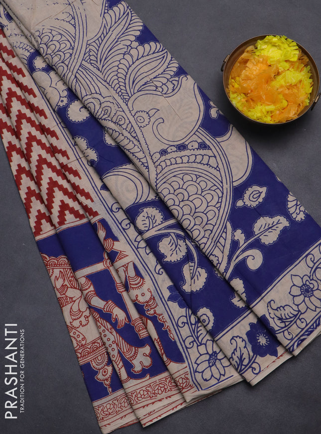Kalamkari cotton saree beige red and blue with zig zag prints and printed border
