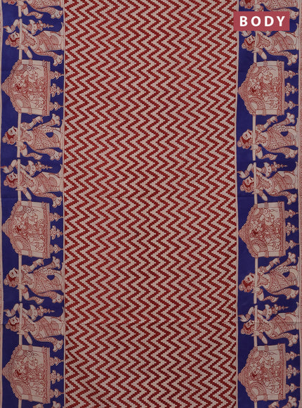 Kalamkari cotton saree beige red and blue with zig zag prints and printed border
