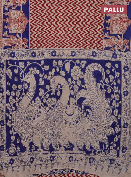 Kalamkari cotton saree beige red and blue with zig zag prints and printed border