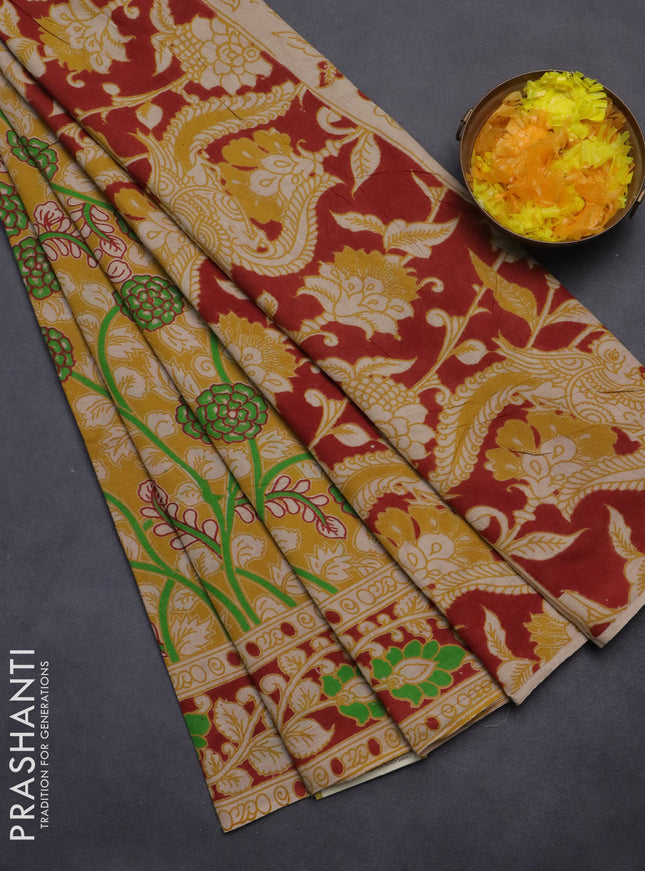 Kalamkari cotton saree yellow and maroon with allover prints and printed border
