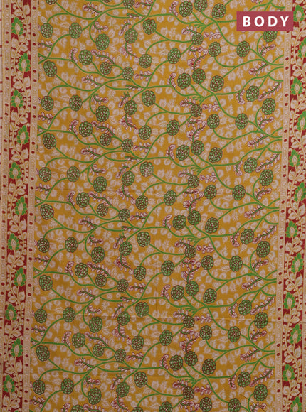 Kalamkari cotton saree yellow and maroon with allover prints and printed border