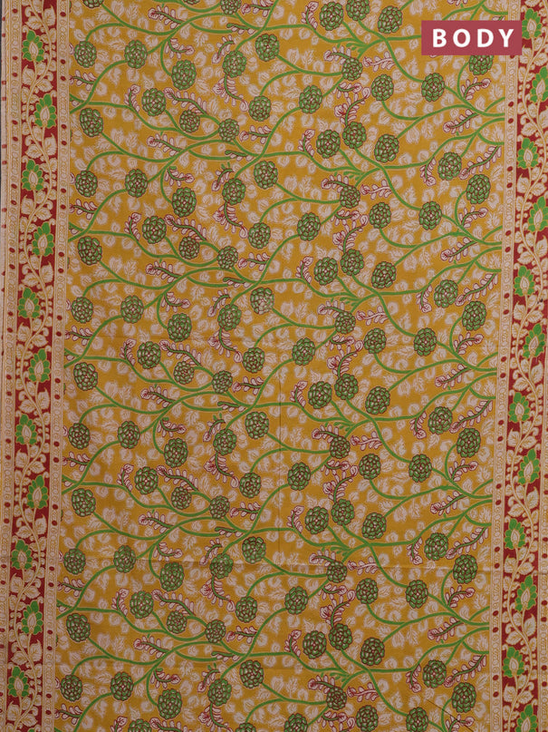 Kalamkari cotton saree yellow and maroon with allover prints and printed border