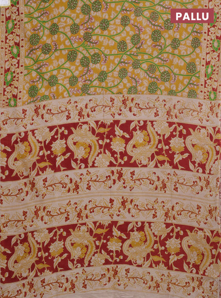 Kalamkari cotton saree yellow and maroon with allover prints and printed border