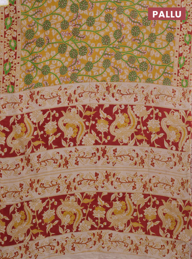 Kalamkari cotton saree yellow and maroon with allover prints and printed border
