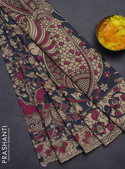 Kalamkari cotton saree grey and beige with allover prints and printed border