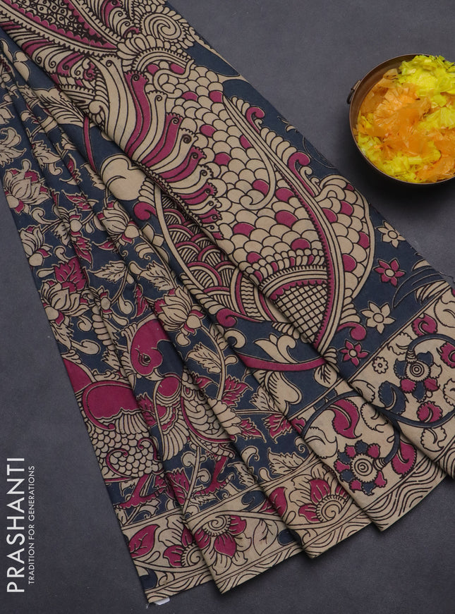 Kalamkari cotton saree grey and beige with allover prints and printed border