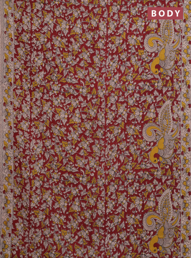 Kalamkari cotton saree maroon and beige with allover prints and printed border