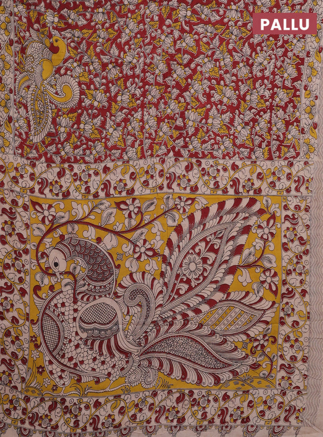 Kalamkari cotton saree maroon and beige with allover prints and printed border