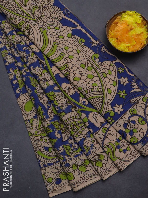 Kalamkari cotton saree blue and beige with allover prints and printed border