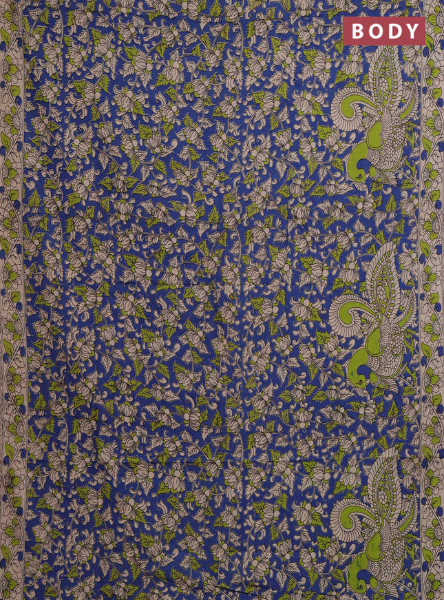 Kalamkari cotton saree blue and beige with allover prints and printed border
