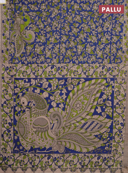 Kalamkari cotton saree blue and beige with allover prints and printed border