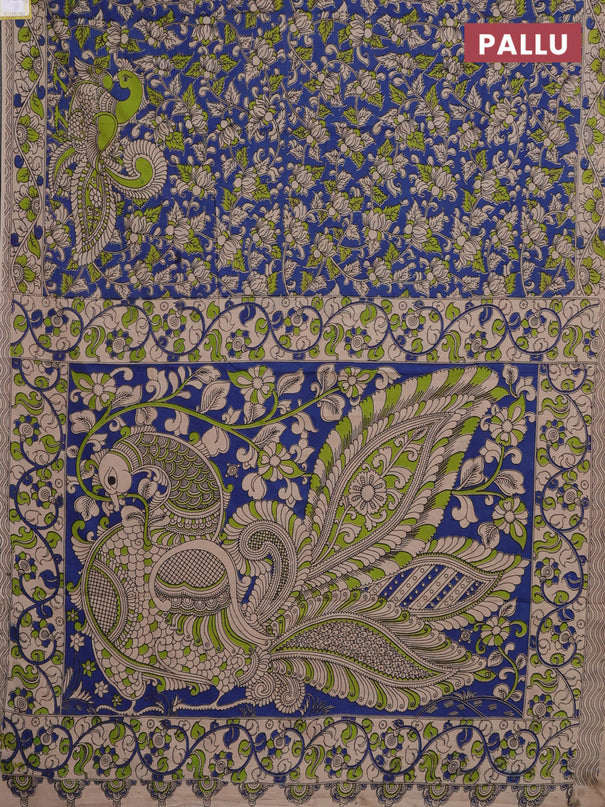 Kalamkari cotton saree blue and beige with allover prints and printed border