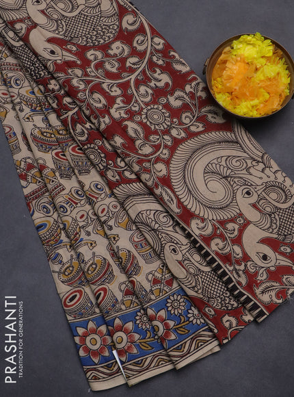 Kalamkari cotton saree beige and blue with allover musical instrument prints and printed border