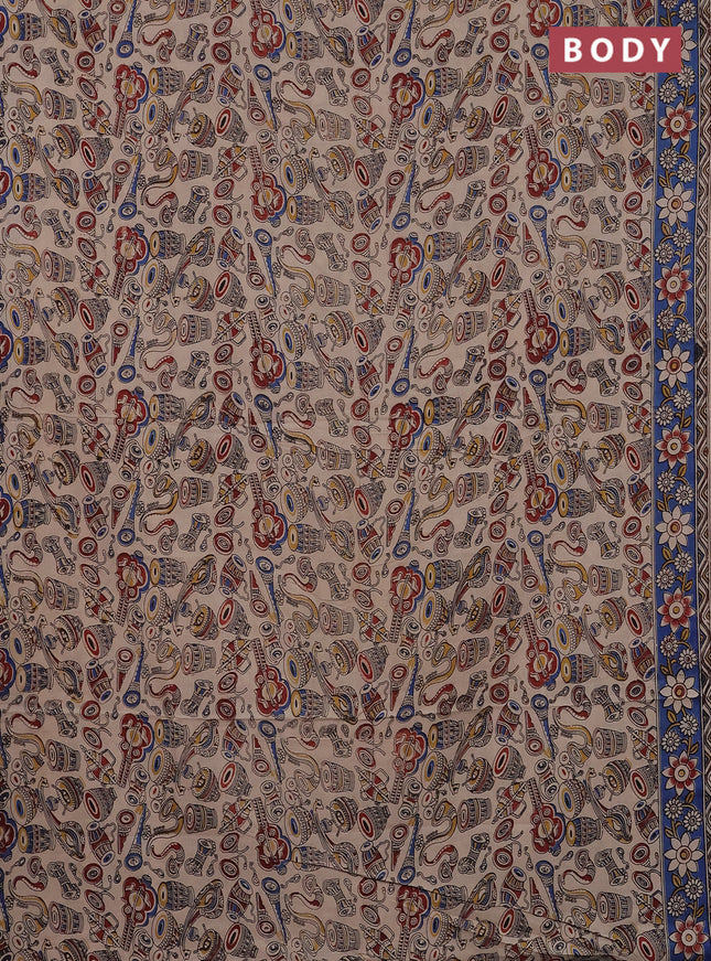 Kalamkari cotton saree beige and blue with allover musical instrument prints and printed border