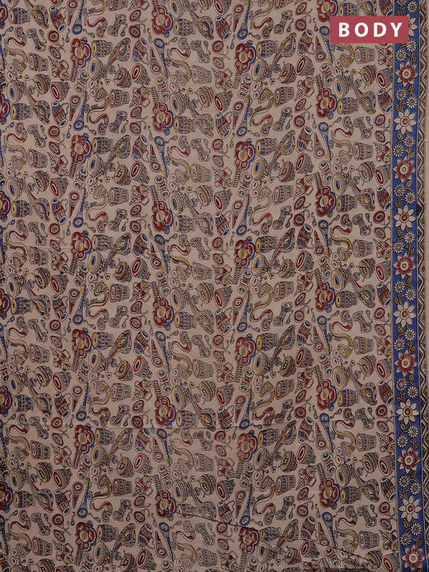Kalamkari cotton saree beige and blue with allover musical instrument prints and printed border
