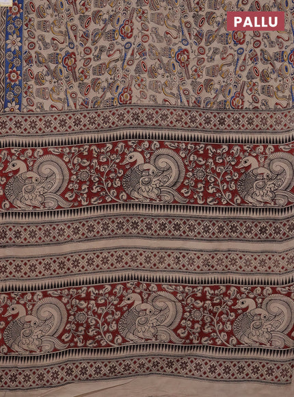 Kalamkari cotton saree beige and blue with allover musical instrument prints and printed border