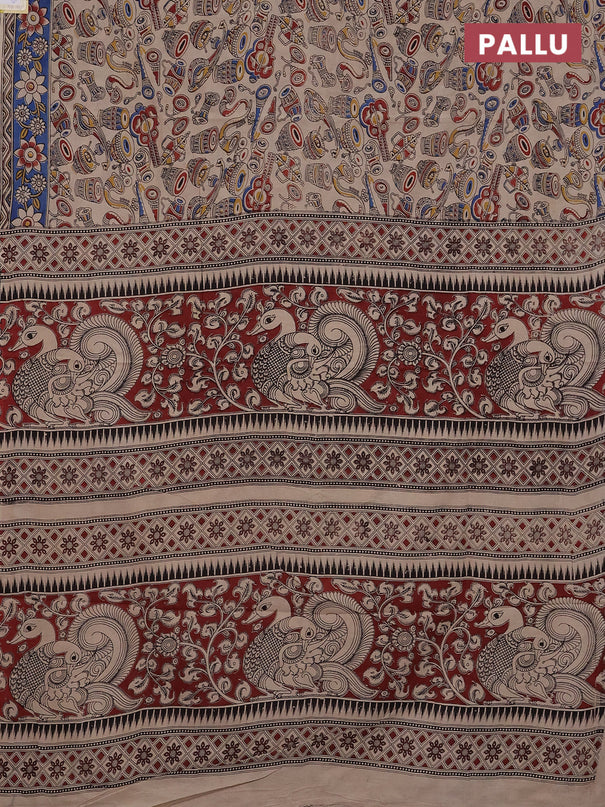 Kalamkari cotton saree beige and blue with allover musical instrument prints and printed border