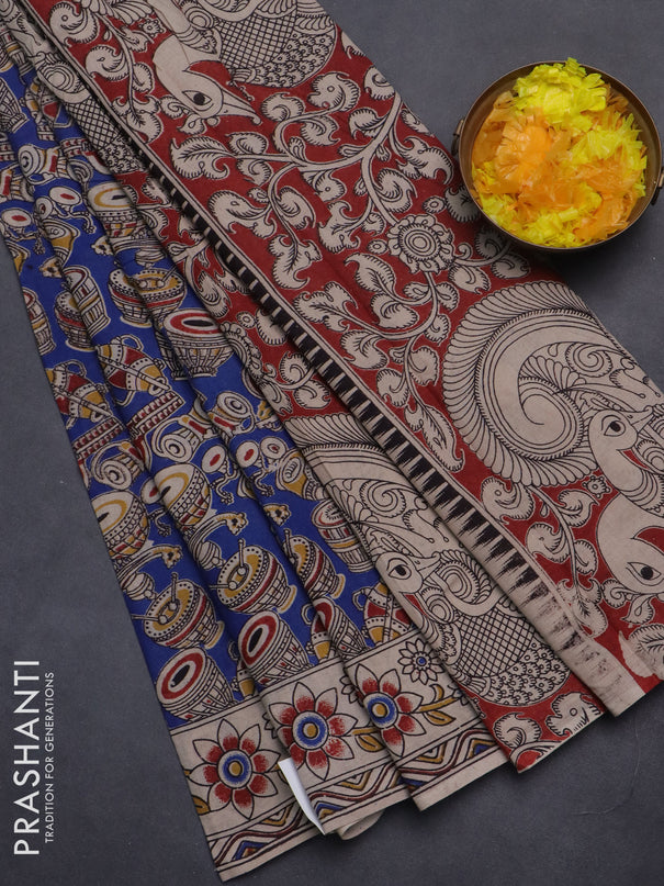 Kalamkari cotton saree blue and beige with allover musical instrument prints and printed border