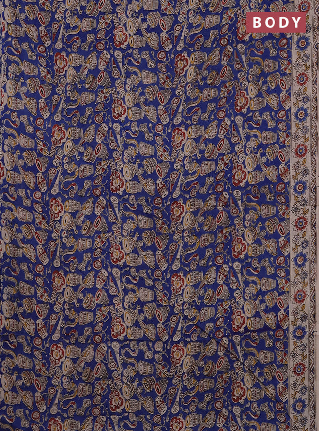 Kalamkari cotton saree blue and beige with allover musical instrument prints and printed border
