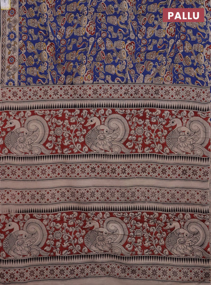 Kalamkari cotton saree blue and beige with allover musical instrument prints and printed border