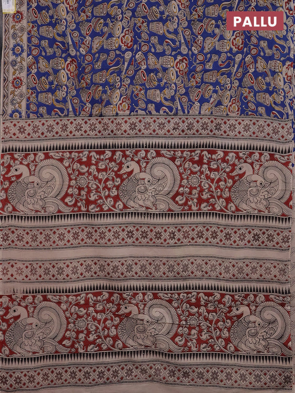 Kalamkari cotton saree blue and beige with allover musical instrument prints and printed border