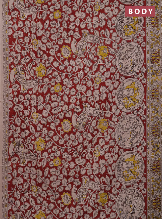 Kalamkari cotton saree maroon and beige with allover prints and printed border