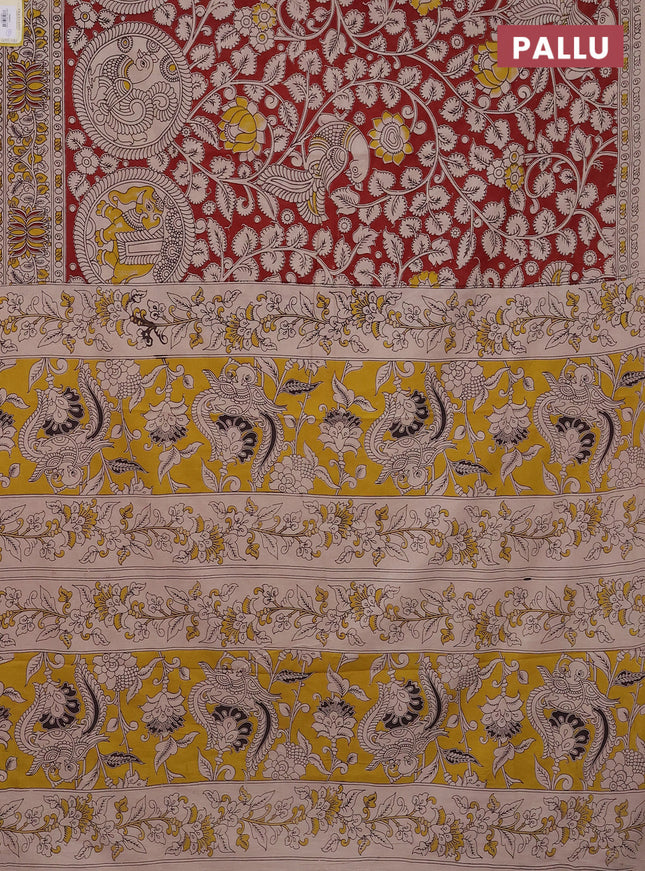 Kalamkari cotton saree maroon and beige with allover prints and printed border