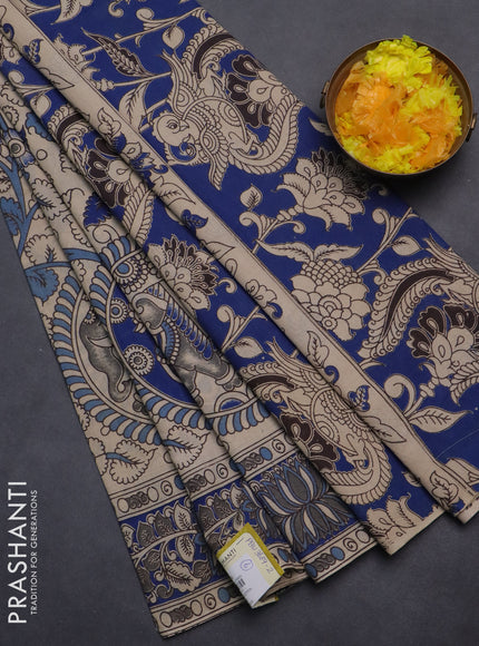 Kalamkari cotton saree beige and blue with allover prints and printed border