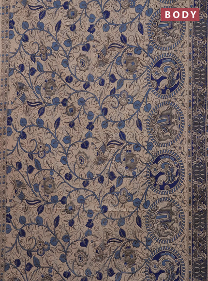 Kalamkari cotton saree beige and blue with allover prints and printed border