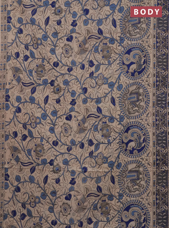 Kalamkari cotton saree beige and blue with allover prints and printed border