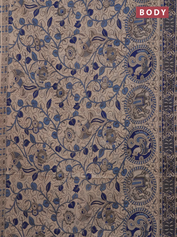 Kalamkari cotton saree beige and blue with allover prints and printed border