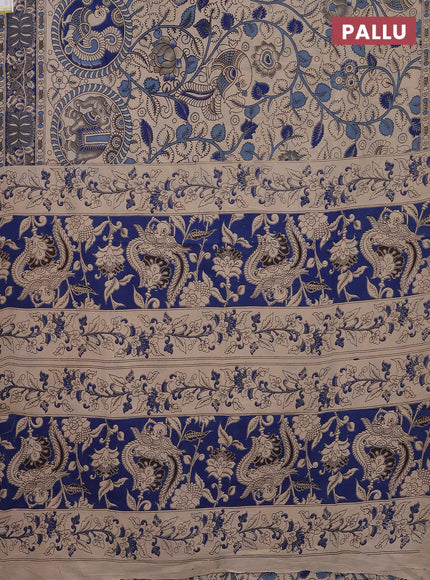 Kalamkari cotton saree beige and blue with allover prints and printed border
