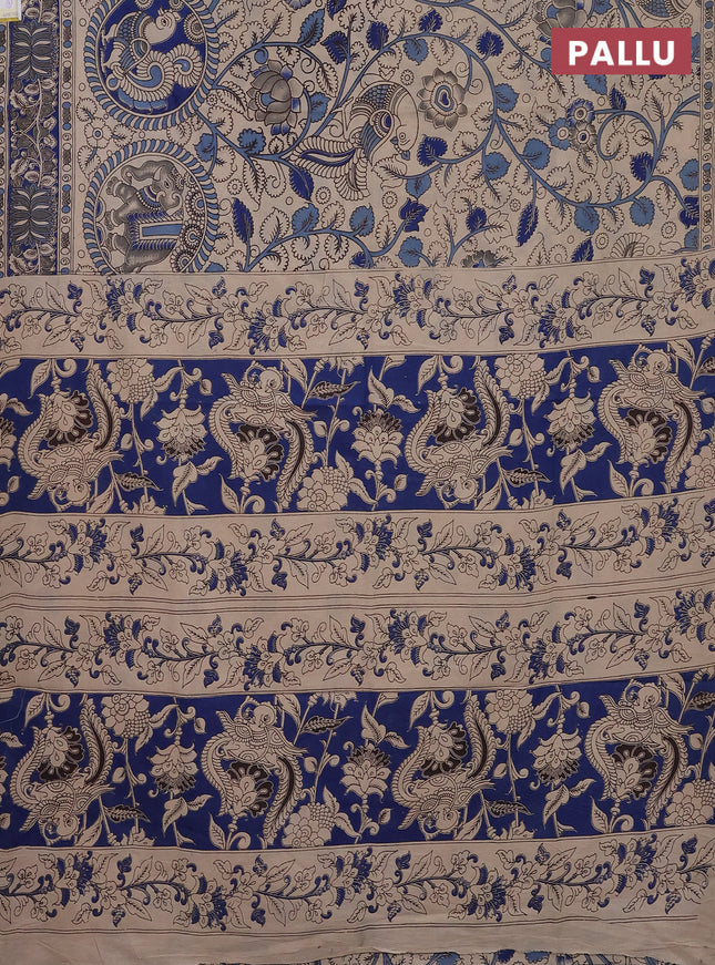 Kalamkari cotton saree beige and blue with allover prints and printed border