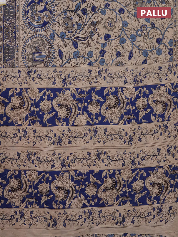 Kalamkari cotton saree beige and blue with allover prints and printed border