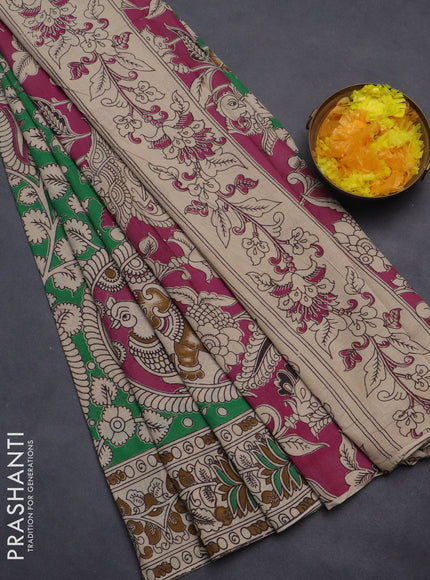 Kalamkari cotton saree green and beige with allover prints and printed border