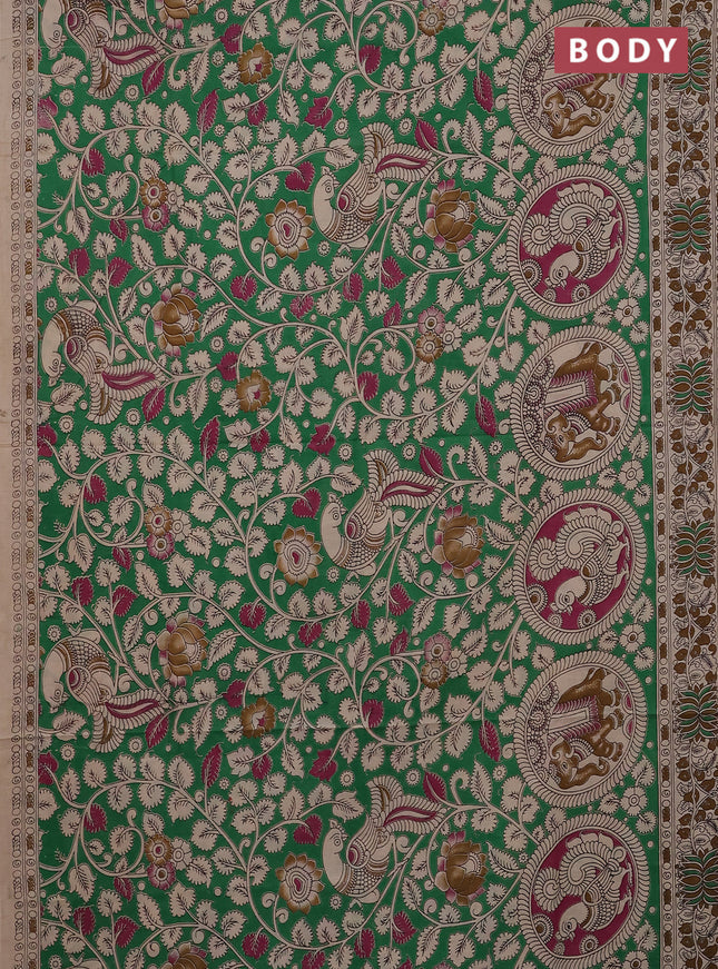 Kalamkari cotton saree green and beige with allover prints and printed border