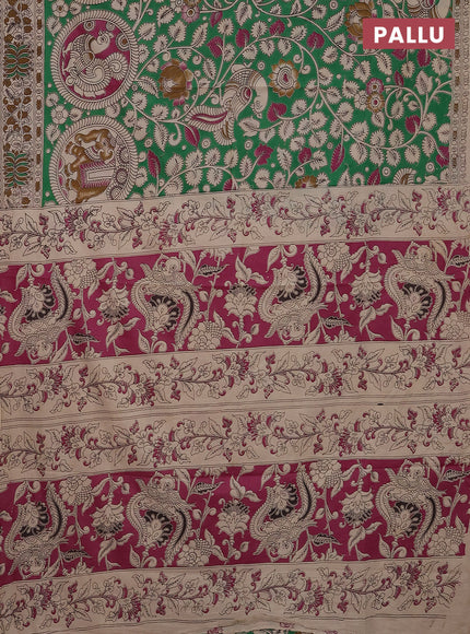 Kalamkari cotton saree green and beige with allover prints and printed border
