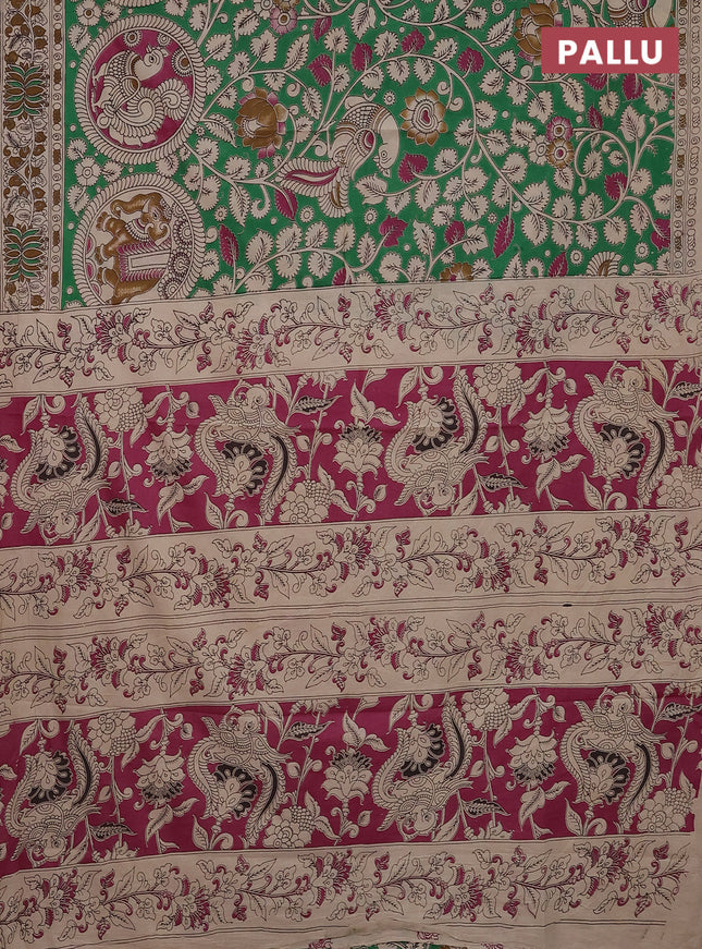 Kalamkari cotton saree green and beige with allover prints and printed border