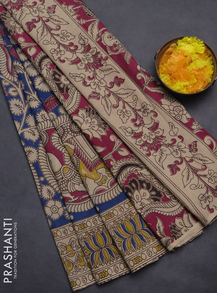 Kalamkari cotton saree blue and beige with allover prints and printed border