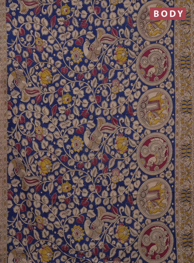 Kalamkari cotton saree blue and beige with allover prints and printed border