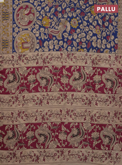 Kalamkari cotton saree blue and beige with allover prints and printed border