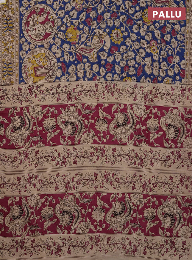 Kalamkari cotton saree blue and beige with allover prints and printed border