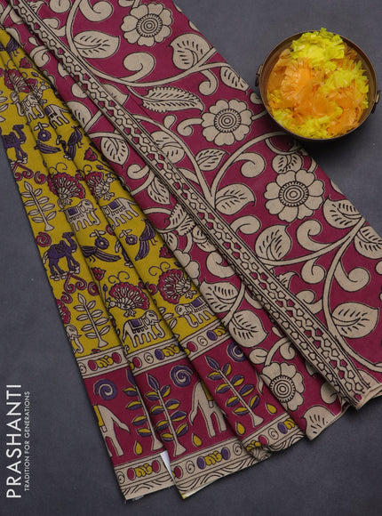 Kalamkari cotton saree yellow and magenta pink with allover prints and printed border