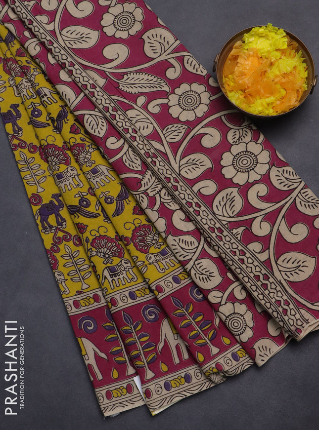 Kalamkari cotton saree yellow and magenta pink with allover prints and printed border