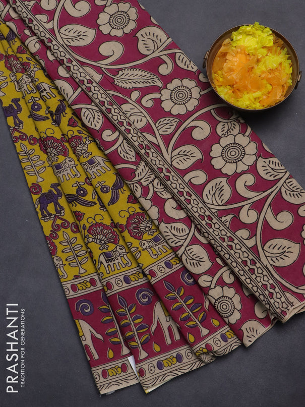 Kalamkari cotton saree yellow and magenta pink with allover prints and printed border