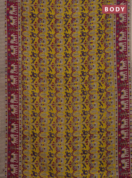 Kalamkari cotton saree yellow and magenta pink with allover prints and printed border