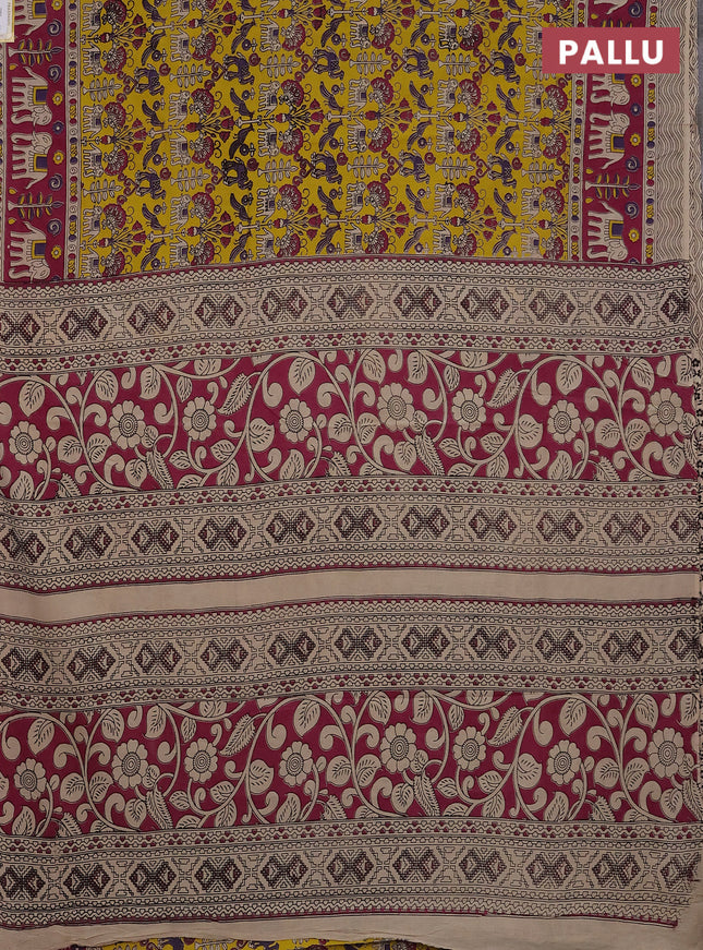 Kalamkari cotton saree yellow and magenta pink with allover prints and printed border