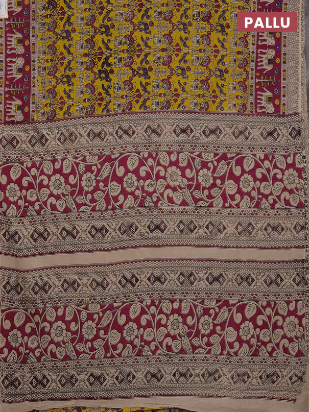 Kalamkari cotton saree yellow and magenta pink with allover prints and printed border